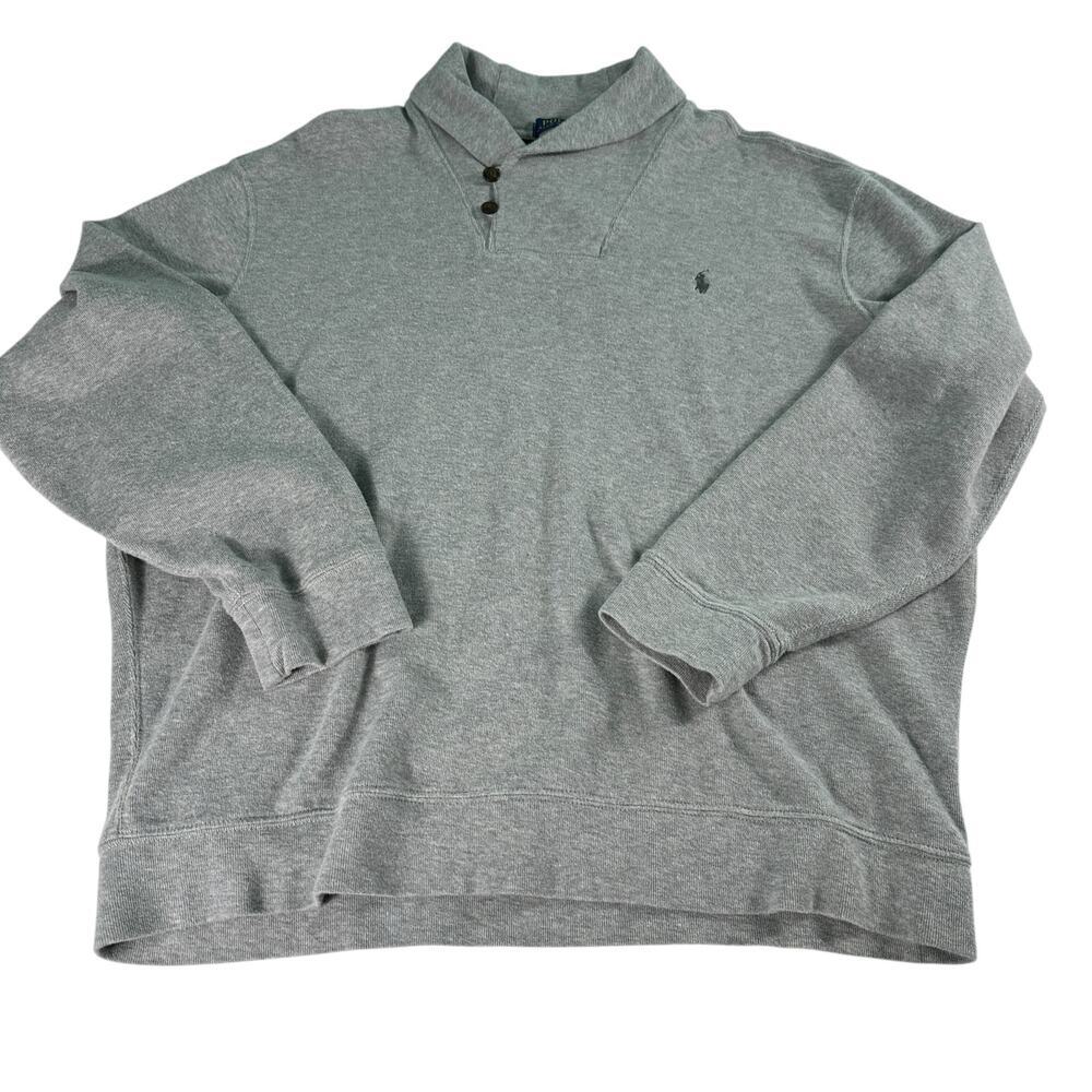 Polo Ralph Lauren Sweater Mens Sz XL Gray Cotton Sweater Shawl Collar Blue Logo